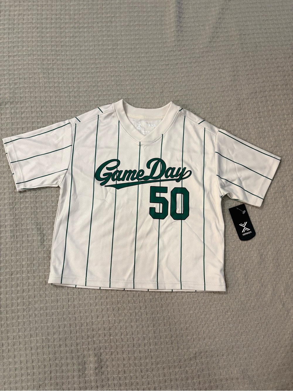 Xersion White Baseball Jersey with Green Pinstripes